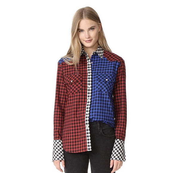 NWT! Petersyn x Revolve •S• Carnaby Tartan Plaid Red White Blue Shirt Pearl Snap - Picture 1 of 12